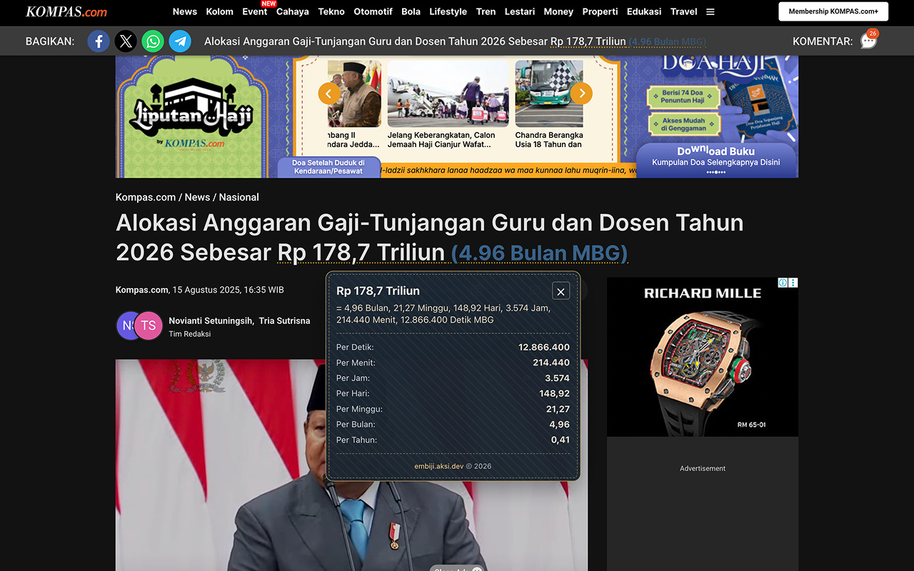 Screenshot pemakaian extension Embiji di halaman web